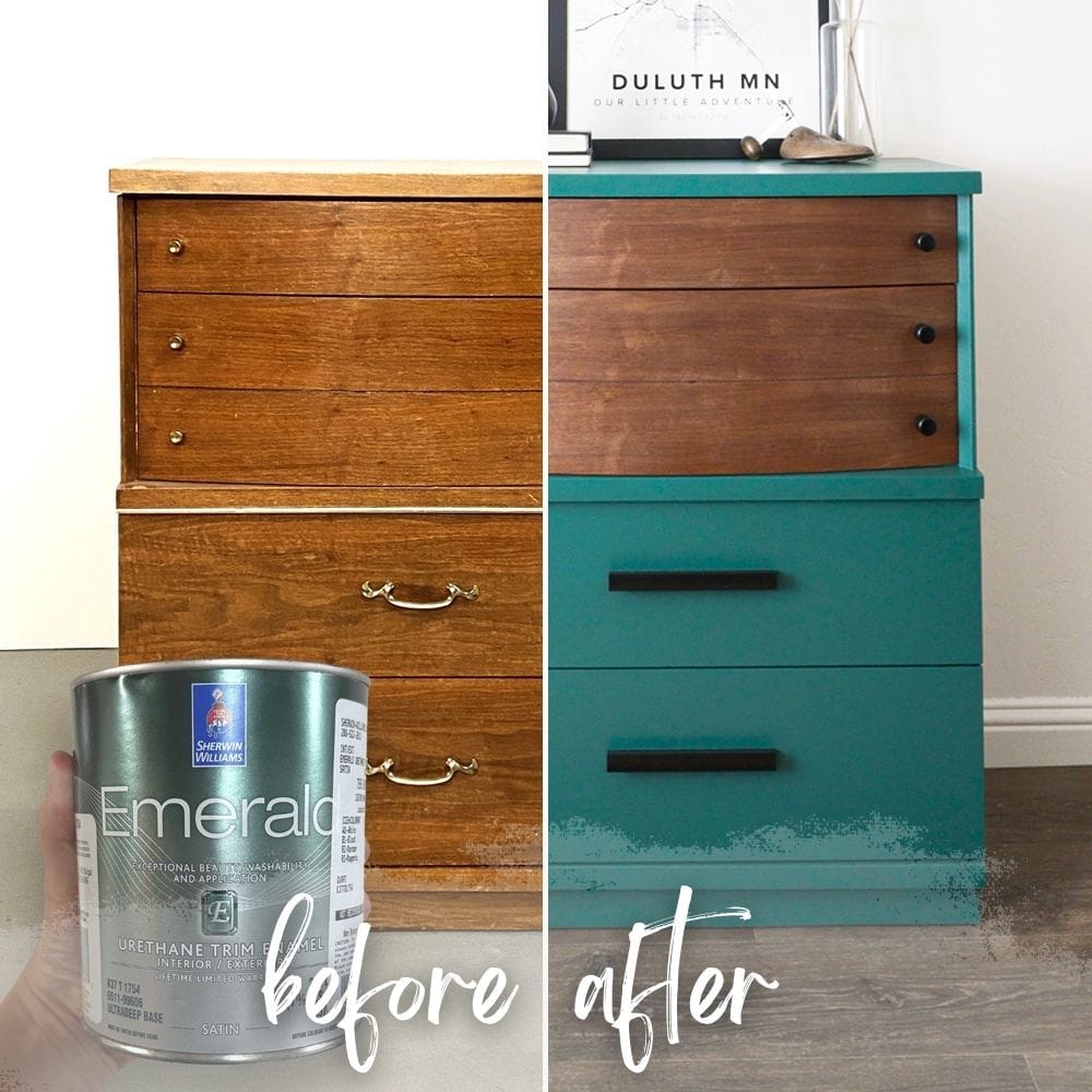 photo of sherwin williams emeral paint with before and after photo of furniture.