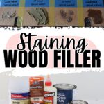 Samples of wood filler mixed with stains on wood, plus various filler and stain products arranged together.