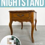 A wooden nightstand with a before inset; text reads Pink Painted Nightstand.