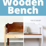 A wooden bench shown before in bare wood and after, painted white with a stained seat.