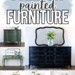 Collage of elegant painted French-style furniture pieces in green, blue, white, gray, and black tones.