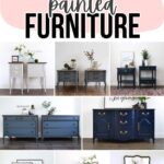 Collage of painted French-style furniture in white, blue, green, and navy, with decorative accents on top.