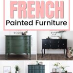 Collage of painted French-style furniture, including dressers, side tables, and desks in various colors.