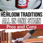 a hand holding a can of Heirloom Traditions All-In-One Stain above and below a person applying stain on a wooden bench