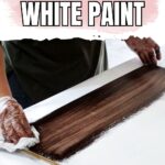 Person applying dark gel stain over white painted wood with a cloth; text above describes the process.