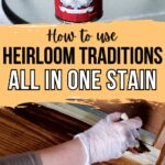 A gloved hand applies wood stain to furniture