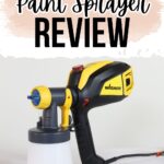 Yellow and black Wagner 3500 paint sprayer on a white surface with review text above it.