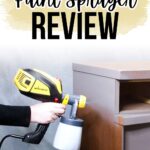 Person using a Wagner 3500 paint sprayer on a brown dresser, with text Wagner 3500 Paint Sprayer Review.