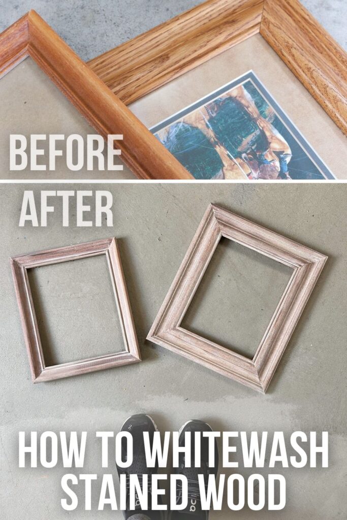 before and after photo of picture frame after whitewash