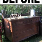 An old wooden dresser sits outside on grass, with “BEFORE” written above in bold black letters.