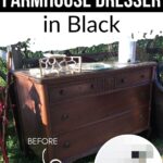 A wooden farmhouse dresser outside, labeled DIY Farmhouse Dresser in Black with before and after images.