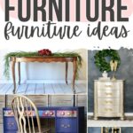 Collage of gold-painted furniture: a table, nightstand, blue desk with gold, and gold dresser.