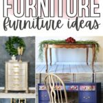Collage of gold-painted furniture pieces, including desks and dressers, with decorative accents.