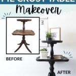 Before and after of an antique pie crust table makeover, showing old wood and new black painted finish.