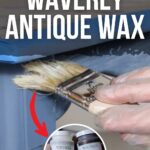 A hand with a brush applies wax to blue furniture; inset shows Waverly wax containers, clear and antique.