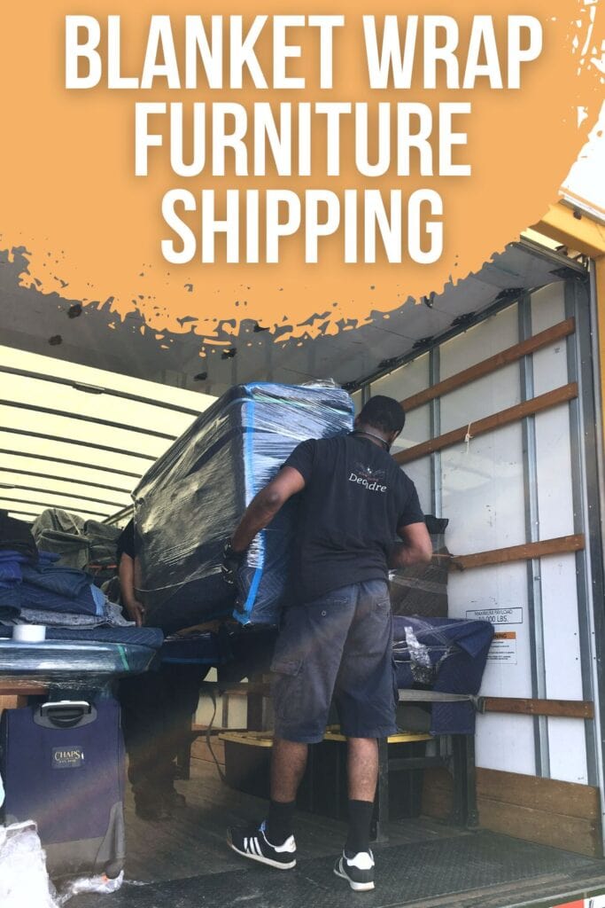 photo of shippers carrying furniture onto truck wrapped with blanket and plastic wrap 