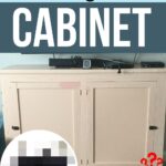 a cabinet with peeling white paint with before-and-after inset images.