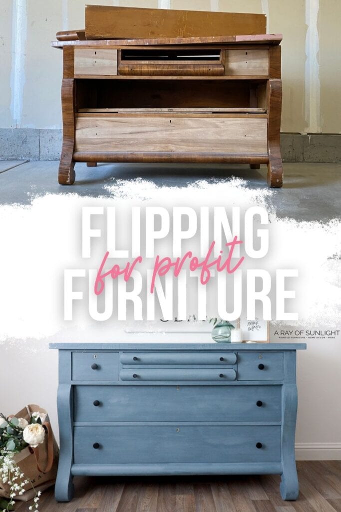 before and after photo of a furniture makeover with text overlay