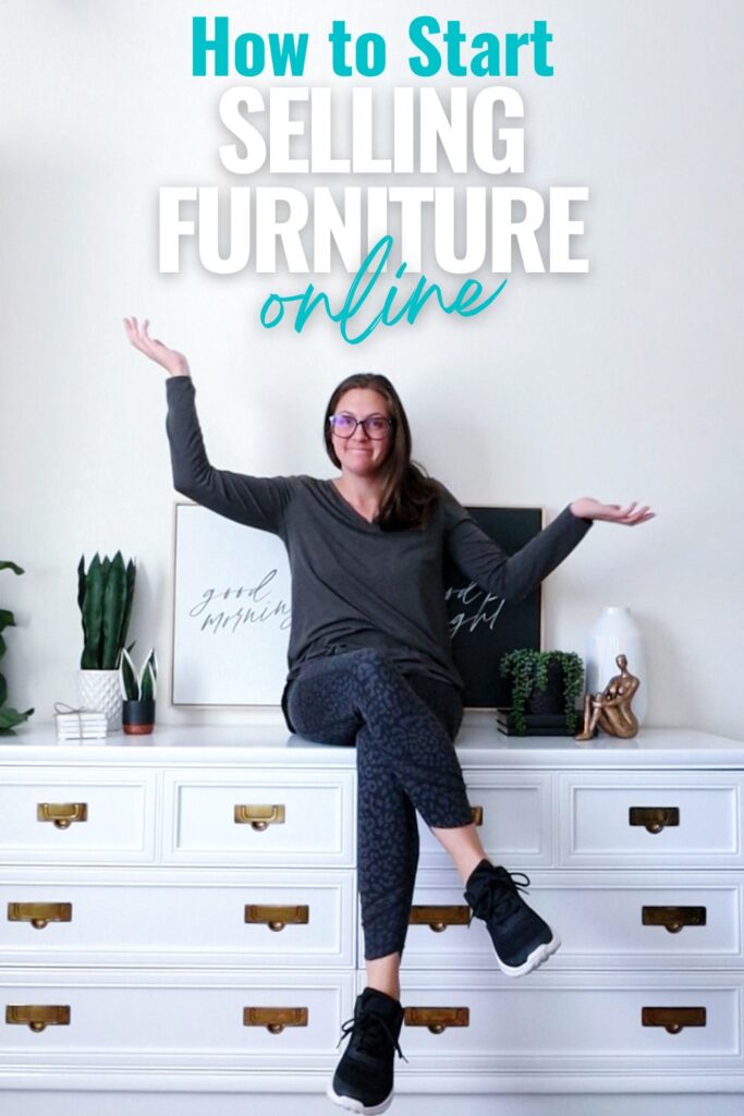 Natalie and her furniture flip with text overlay