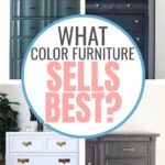 Four dressers in green, blue, white, and dark gray shades with text: What color furniture sells best?.