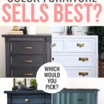 Four dressers in blue, black, white, and teal with the text: What color furniture sells best?.