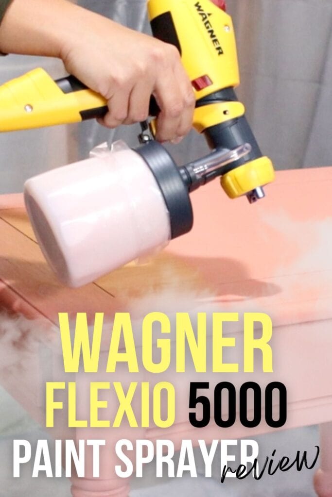 spraying paint onto furniture using wagner flexio 5000 with text overlay