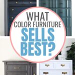 Collage of dressers in different colors with text: What color furniture sells best? in the center.