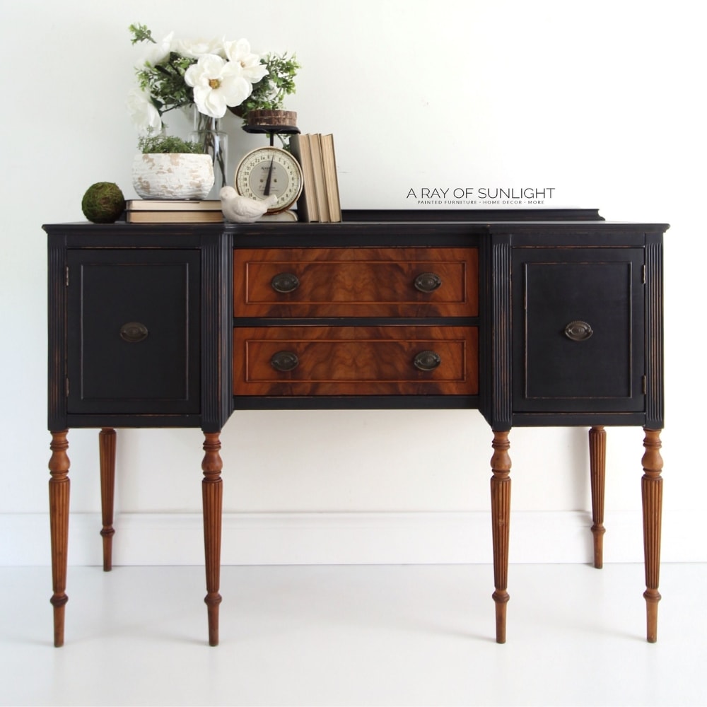 black painted buffet with burled wood drawers and wood legs
