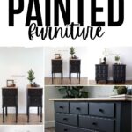 Collage of black chalk-painted furniture including nightstands and a dresser, with decorative items on top.