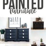 Collage of black chalk-painted furniture pieces, including dressers, nightstands, and a plant in a pot.