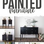 Collage of black chalk-painted furniture, including dressers and nightstands, buffet, styled with decor and plants.