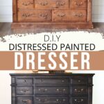 Before and after of a wooden dresser, refinished from natural wood to distressed black paint.