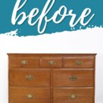A wooden dresser with brass handles labeled before on a blue and white background.
