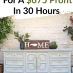 White dresser with gold handles, plants, and a HOME sign; text reads: $675 profit flipping furniture in 30 hours.