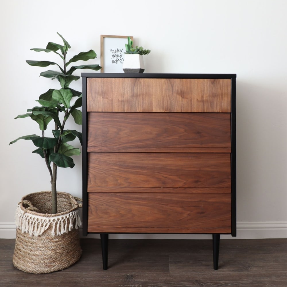 mcm dresser with wood drawers and black shell