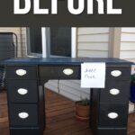 A black desk with drawers sits on a porch with a sign reading FREE Desk; BEFORE text above.