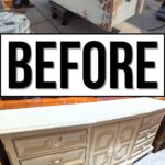 A dresser before and after being repainted; the top is stripped, the bottom is fully painted and restored.