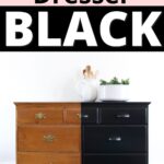 A dresser half painted black, showing a before and after comparison of a furniture makeover.