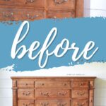 A rustic wooden dresser with multiple drawers before makeover