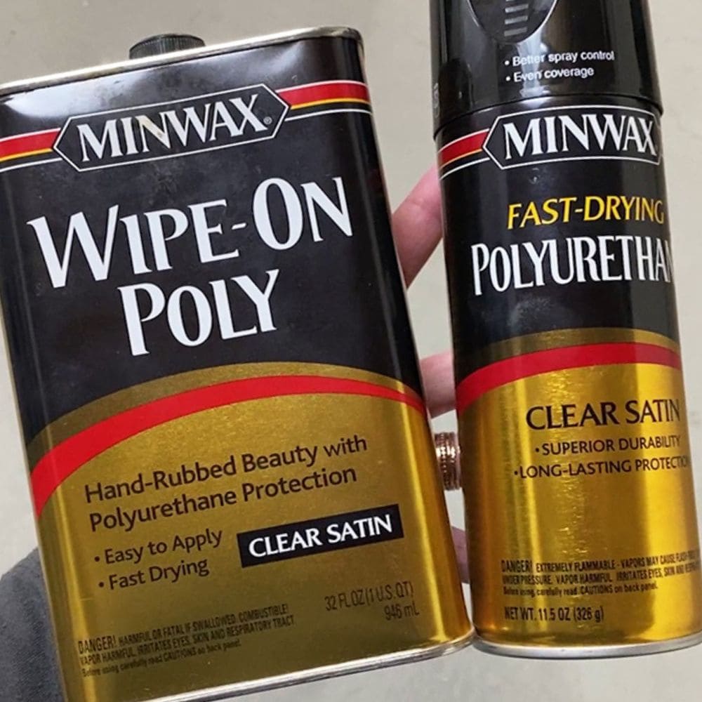 photo of minwax wipe-on poly and fast-drying polyurethane spray in a can