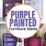 Collage of four purple-painted dressers with floral and gradient designs, text reads “Purple Painted Furniture Ideas.”.
