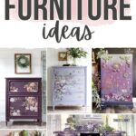 Collage of purple painted furniture pieces with floral designs and decorative accents, labeled Purple Painted Furniture Ideas.