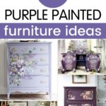 Collage of purple painted furniture, including dressers and cabinets, with floral and ornate designs.