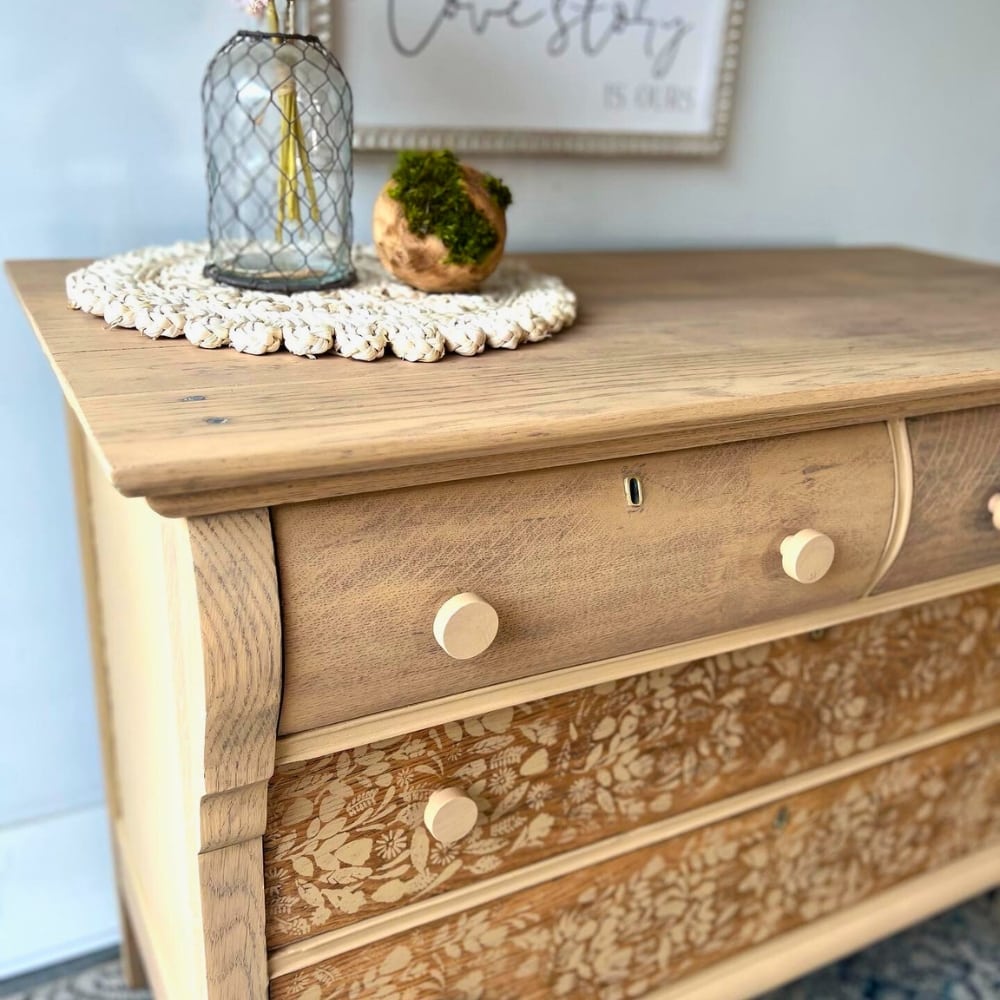 whitewashed wood dresser with stencil lemons to lemonade design