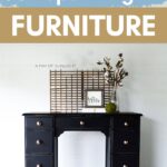 Black desk with drawers, decor, and sign reading hello LOVE under a Step by Step Repainting Furniture guide.