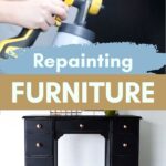 A hand uses a paint sprayer; below is a black painted desk with Repainting Furniture text in the center.