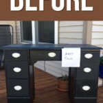 Black desk with drawers on a wooden deck, labeled FREE Desk, with BEFORE in large text above.