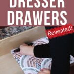Person smoothing patterned liner inside a wooden drawer with text: Best Material to Line Dresser Drawers Revealed!.