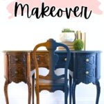 An antique wooden desk, half in original finish and half painted navy blue, with a matching chair.