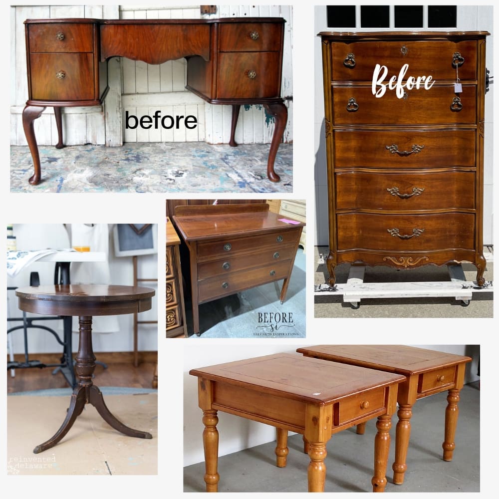 collage of furniture makeovers before using Dixie Belle Cottage Paint